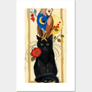 Black cat and Owl Posters and Art